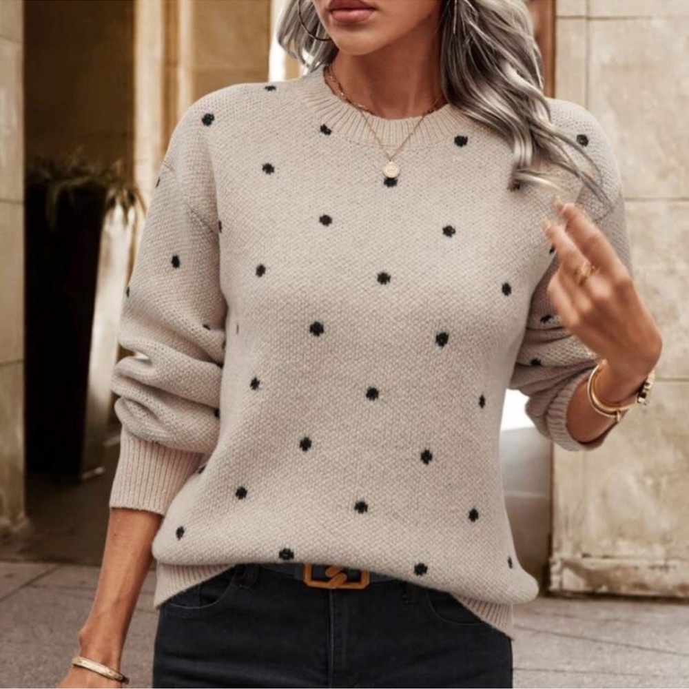 Shein Cream Colored Sweater With Black Polk a Dots Size Small